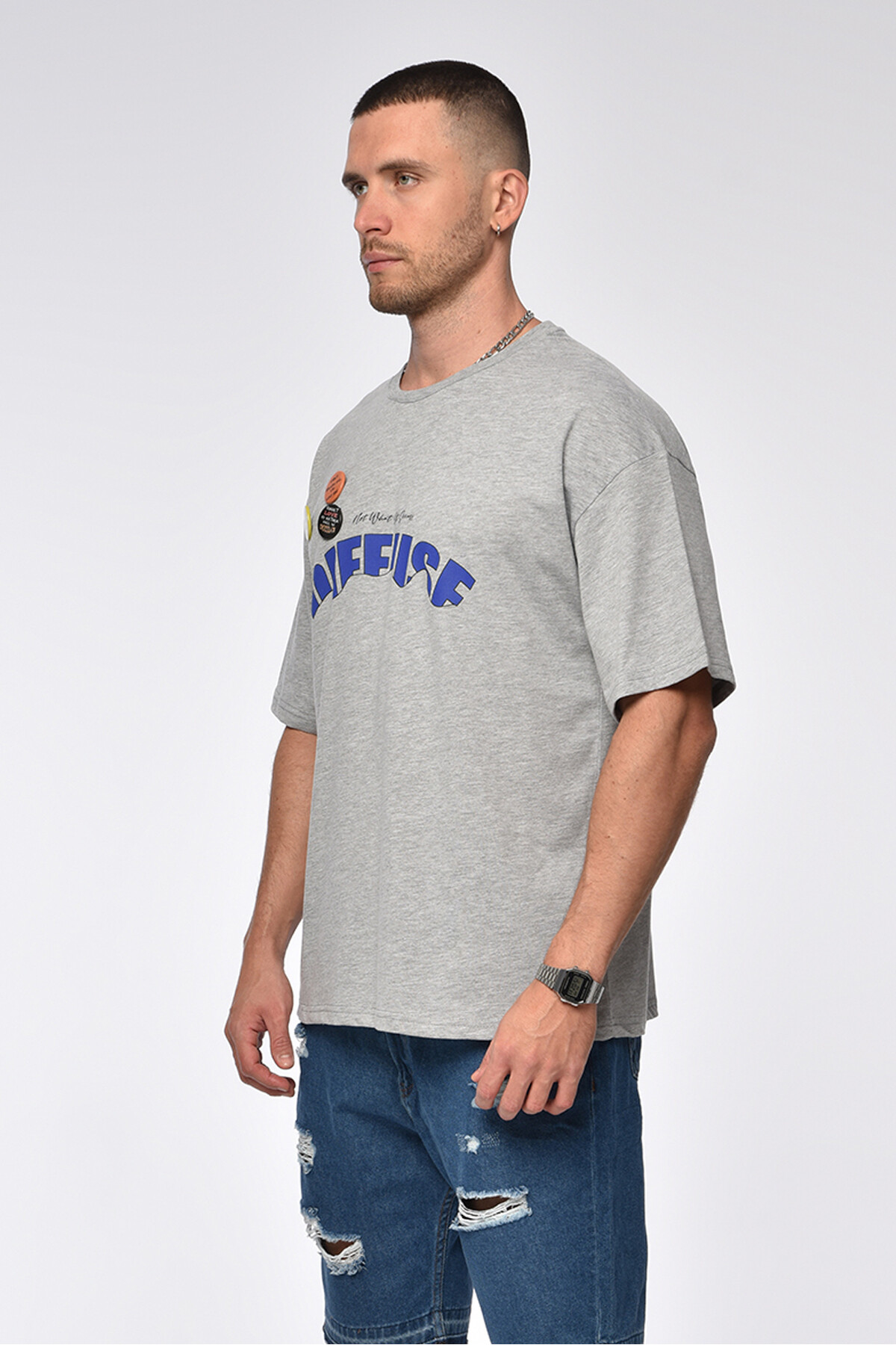 Gri Melanj Magnet Detaylı Oversize T-Shirt