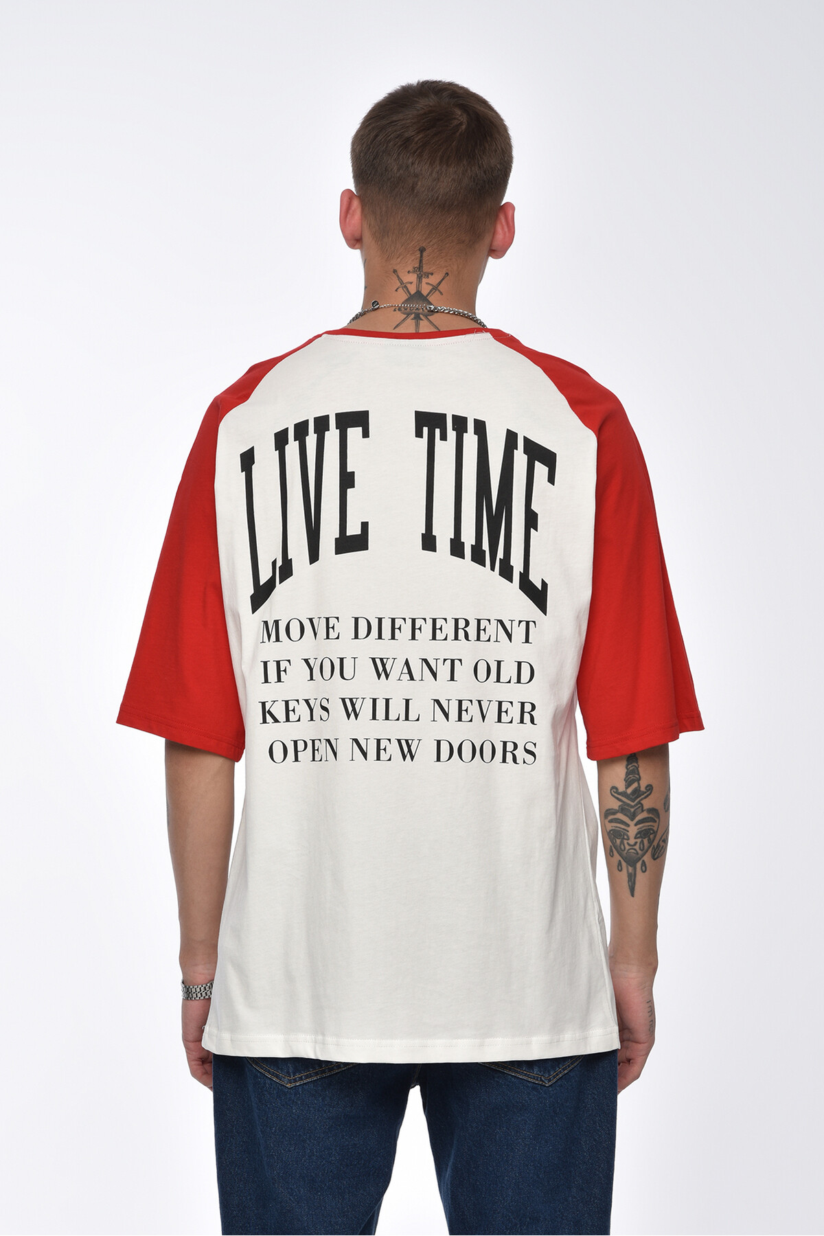 Kırmızı Live Time Baskılı Oversize T-Shirt