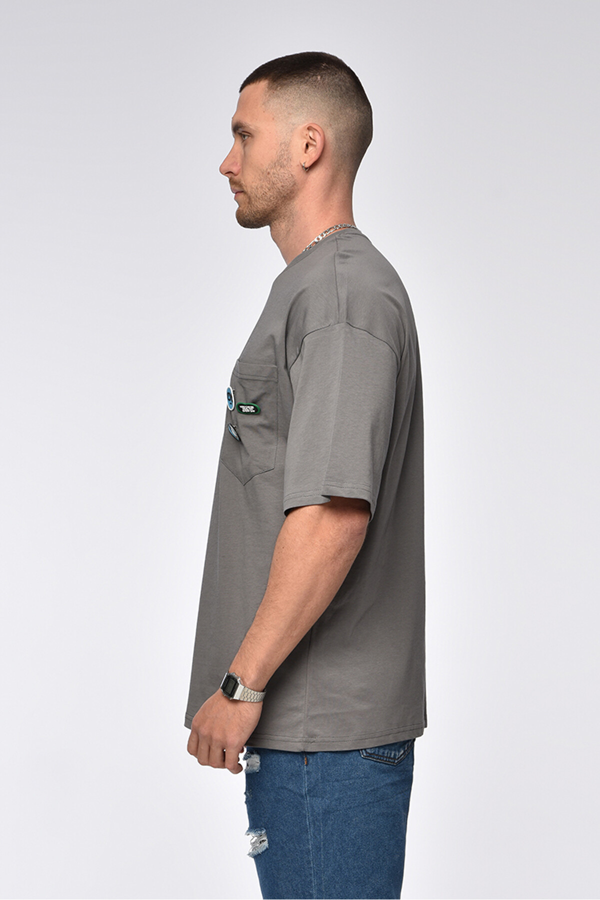 Koyu Füme Cep Detaylı Oversize T-Shirt