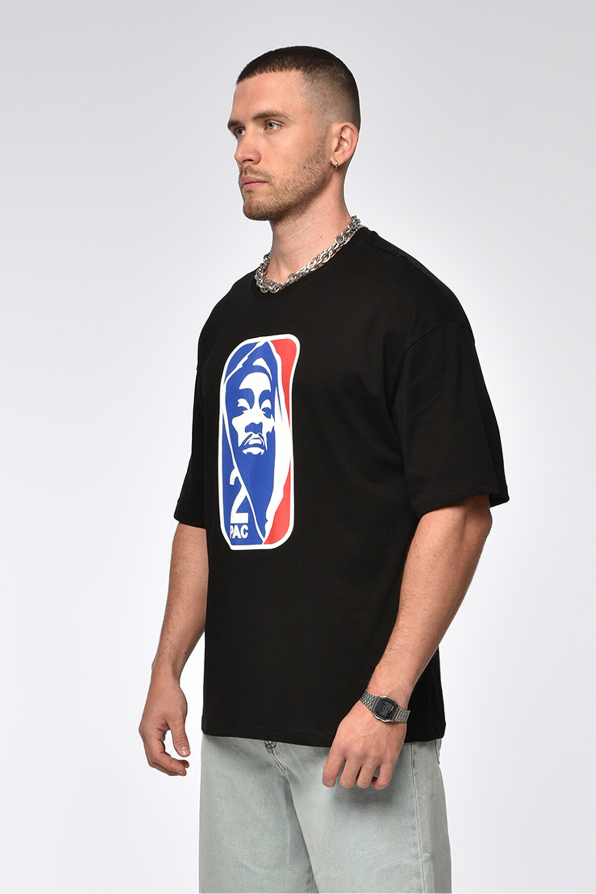Siyah 2Pac Baskılı Oversize T-Shirt