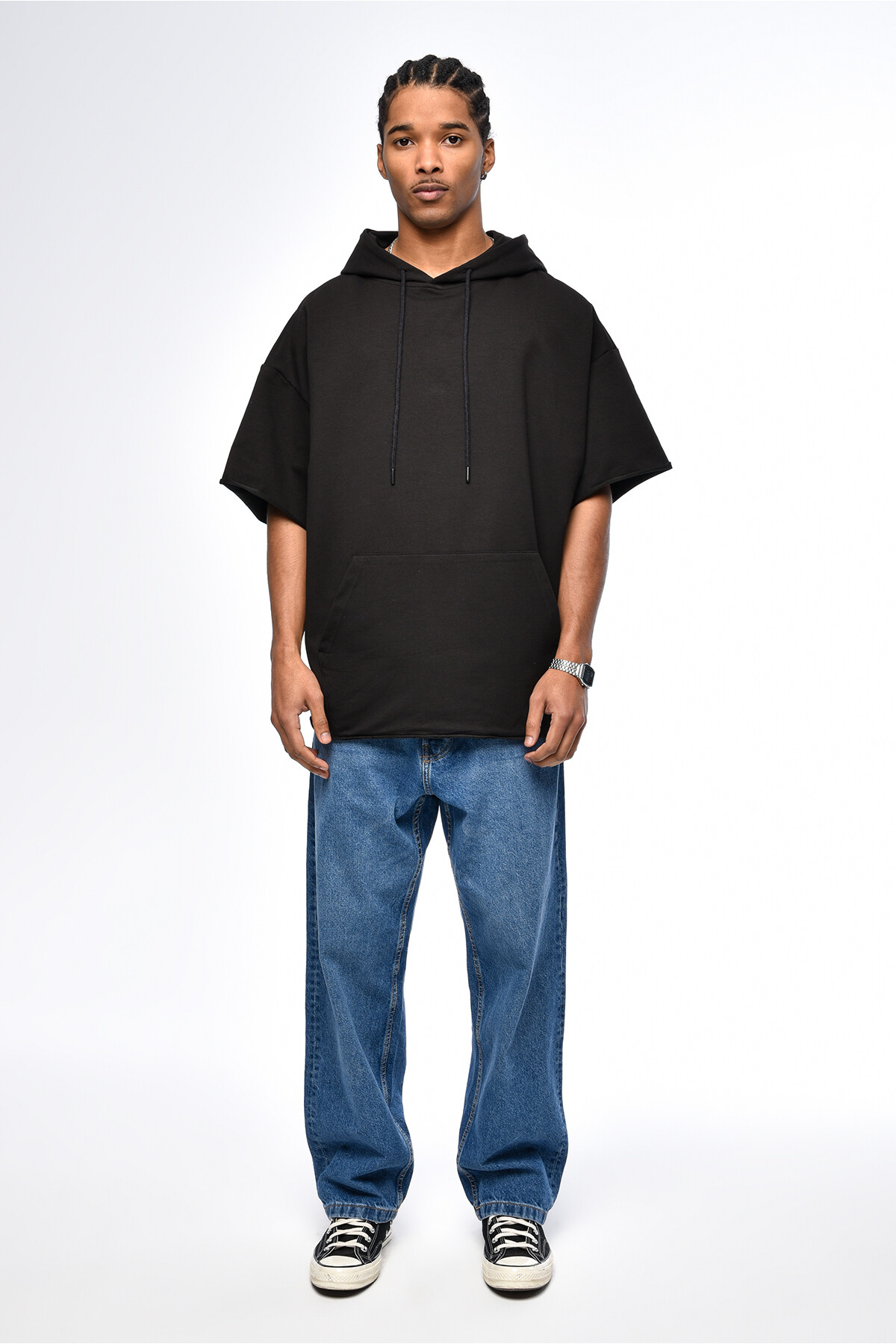 Siyah Basic Kapüşonlu Oversize T-Shirt