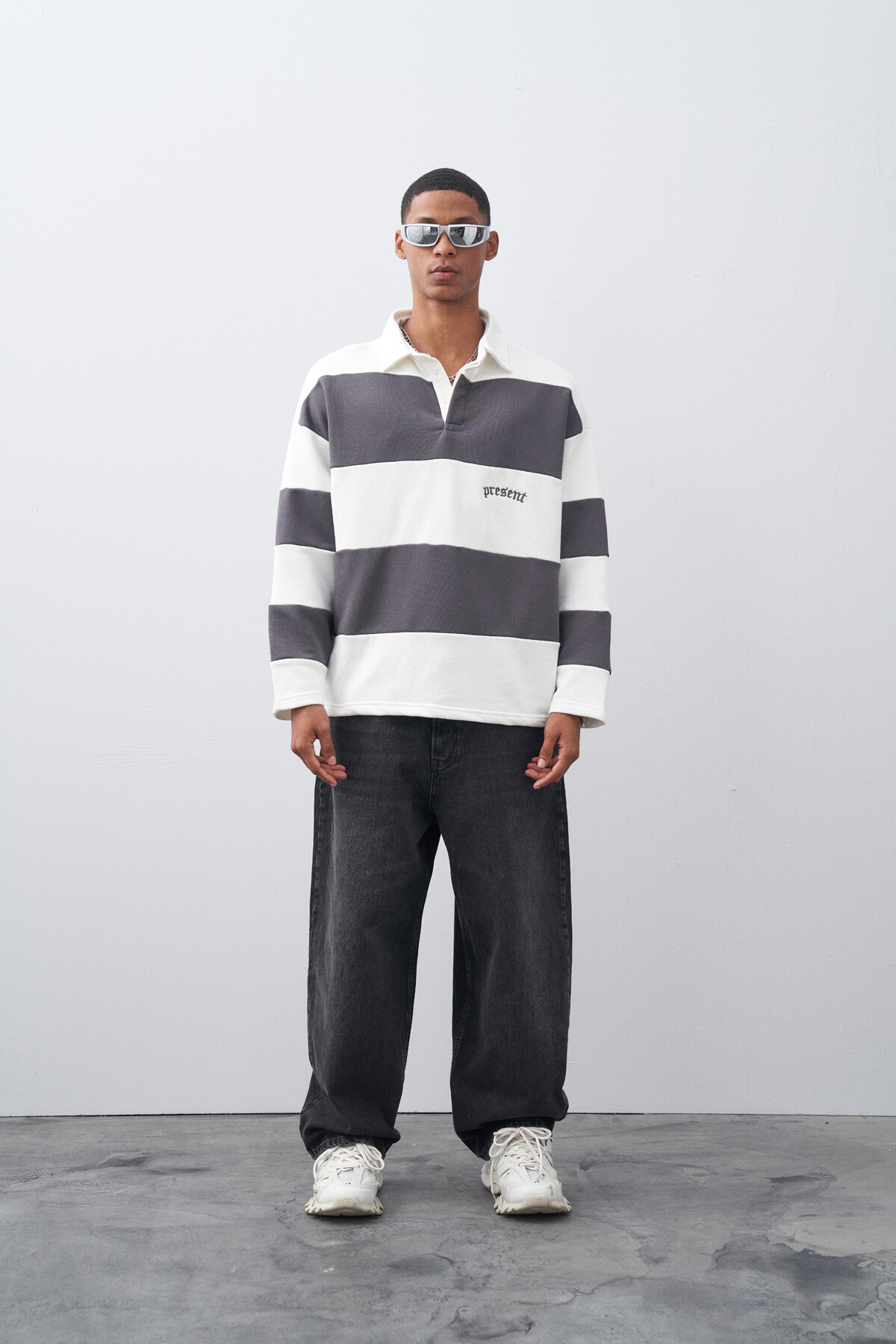 Füme Polo Yaka Oversize Şeritli Sweatshirt