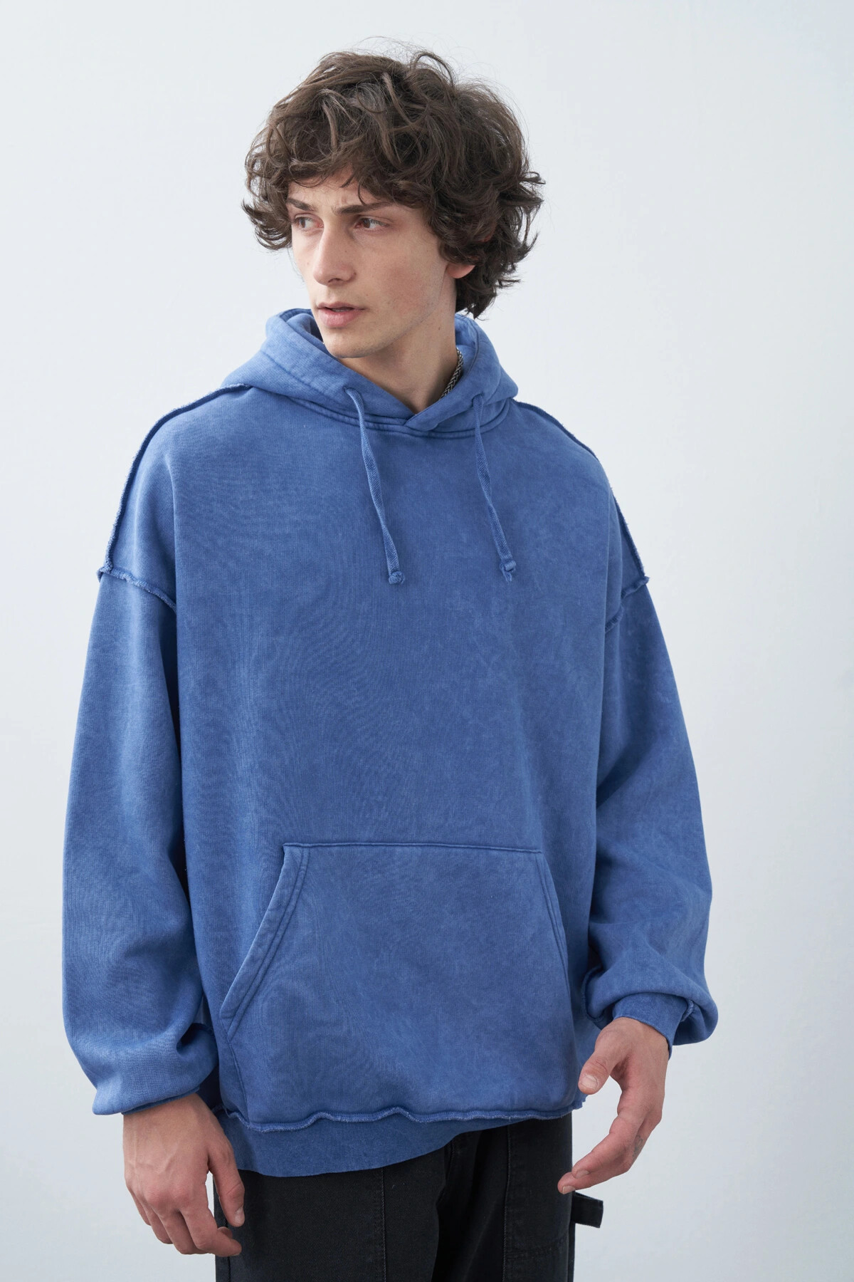 İndigo Kapüşonlu Oversize Sweatshirt