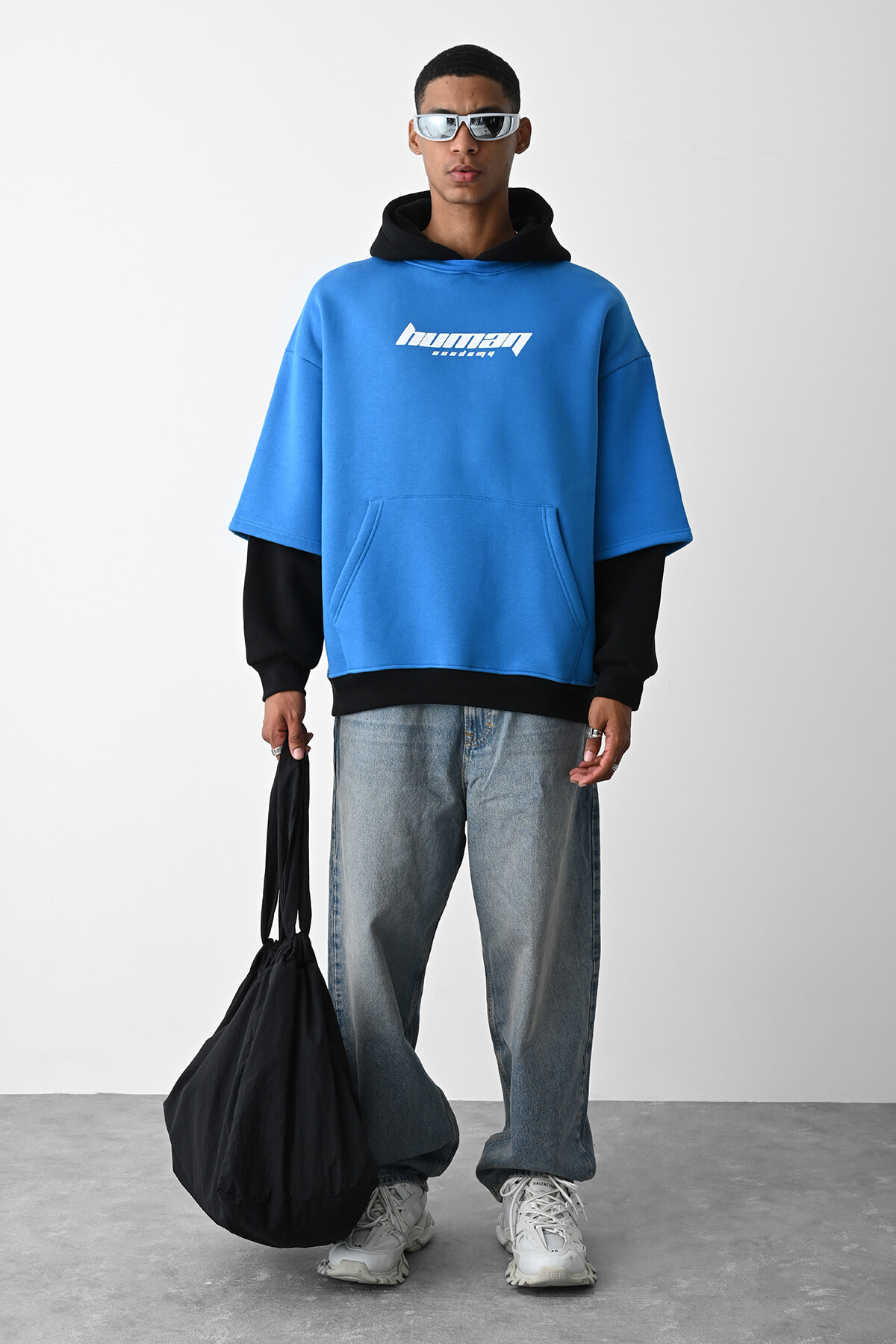 Mavi Baskılı Kol Detaylı Oversize Sweatshirt