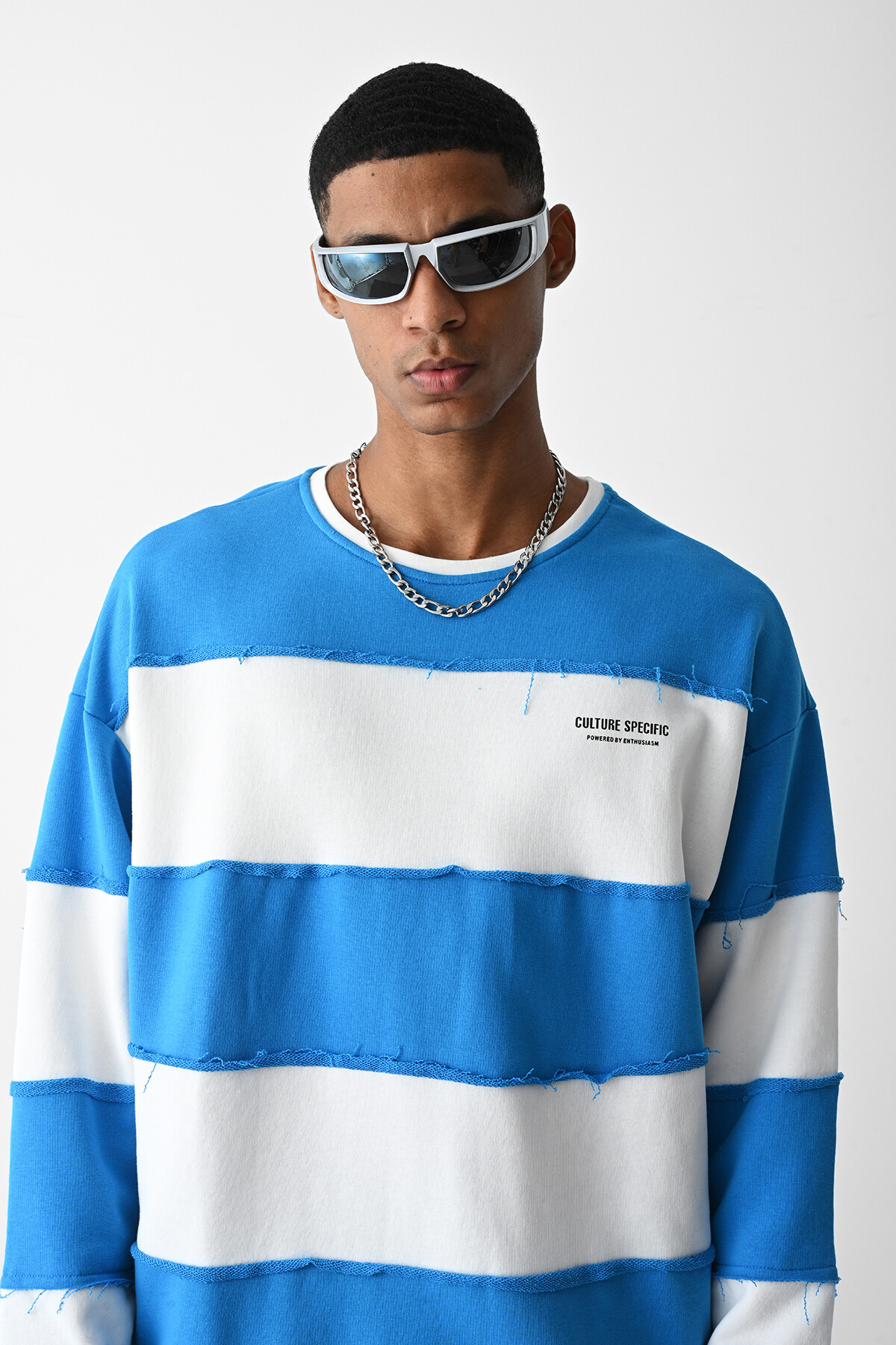Mavi Oversize Şeritli Sweatshirt