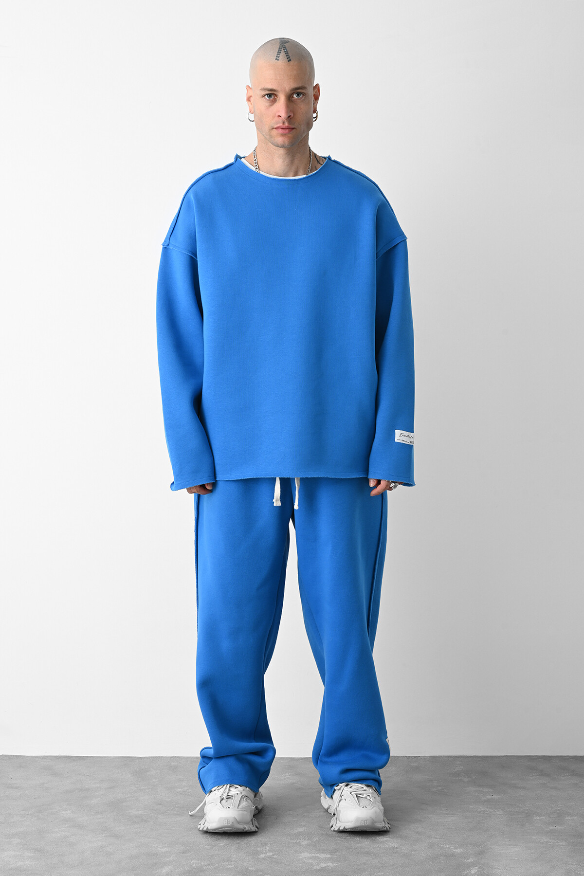 Mavi Yakasız Kol Detaylı Oversize Sweatshirt