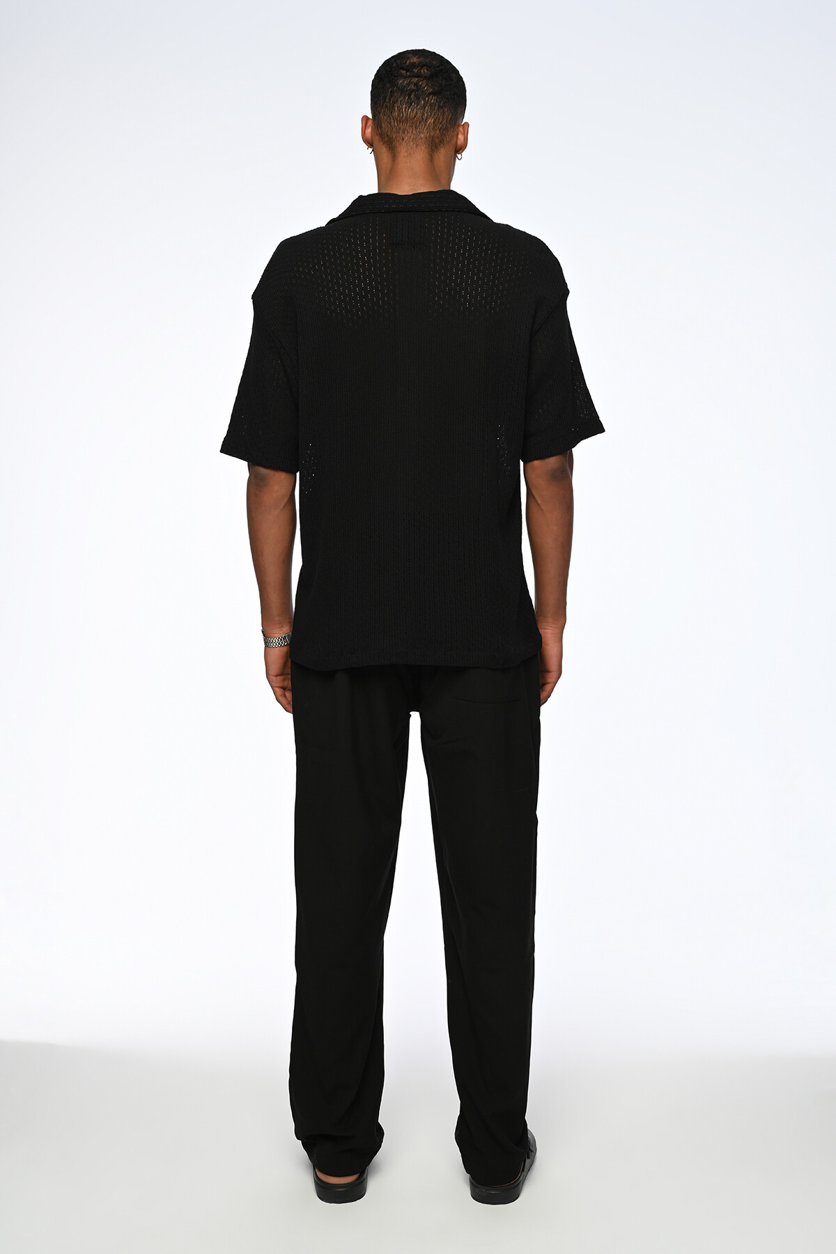 Siyah Cep Detaylı Oversize Örme Triko Gömlek