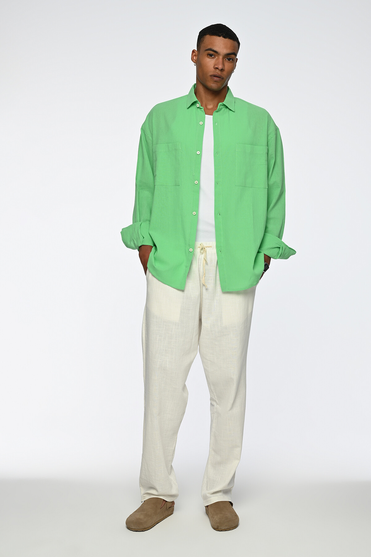 Yeşil Çift Cep Detaylı Uzun Kollu Oversize Gömlek